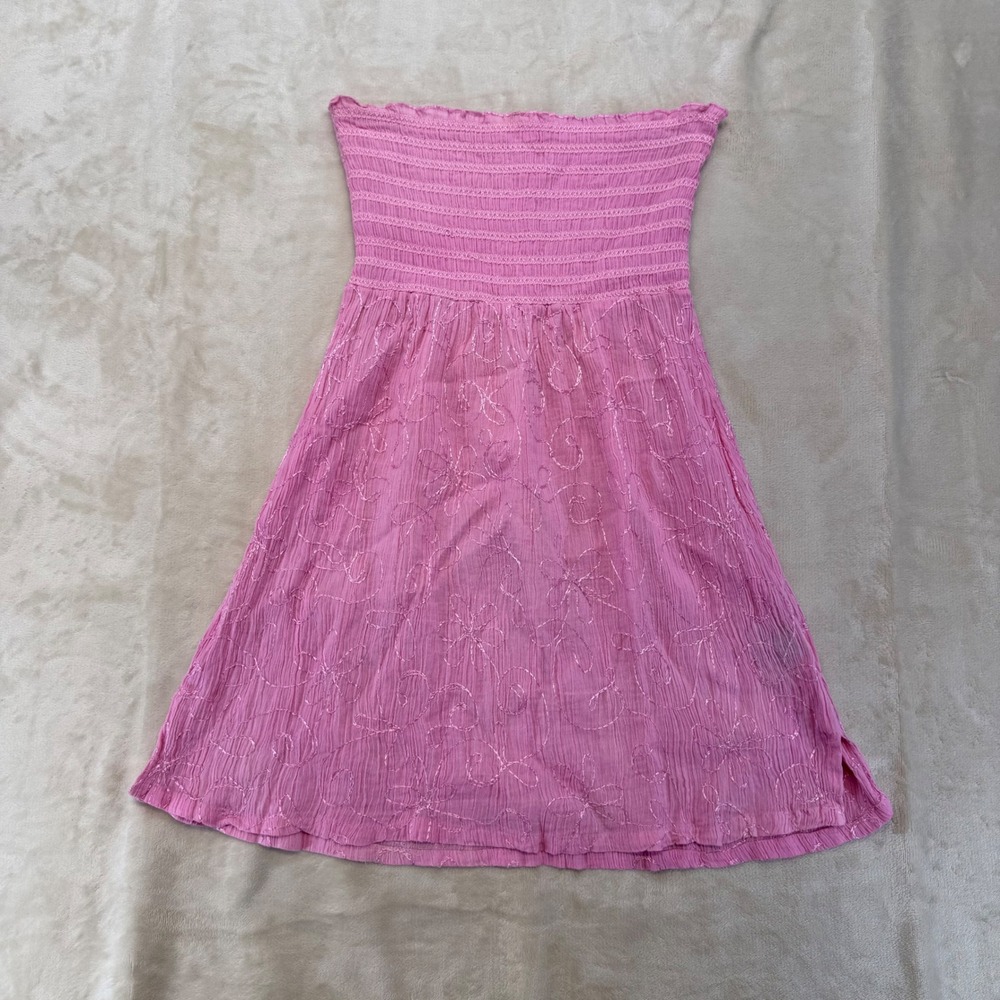 Blue Grass Tube Dress Women Large Pink Good Smocked Embroidered Boho Strapless